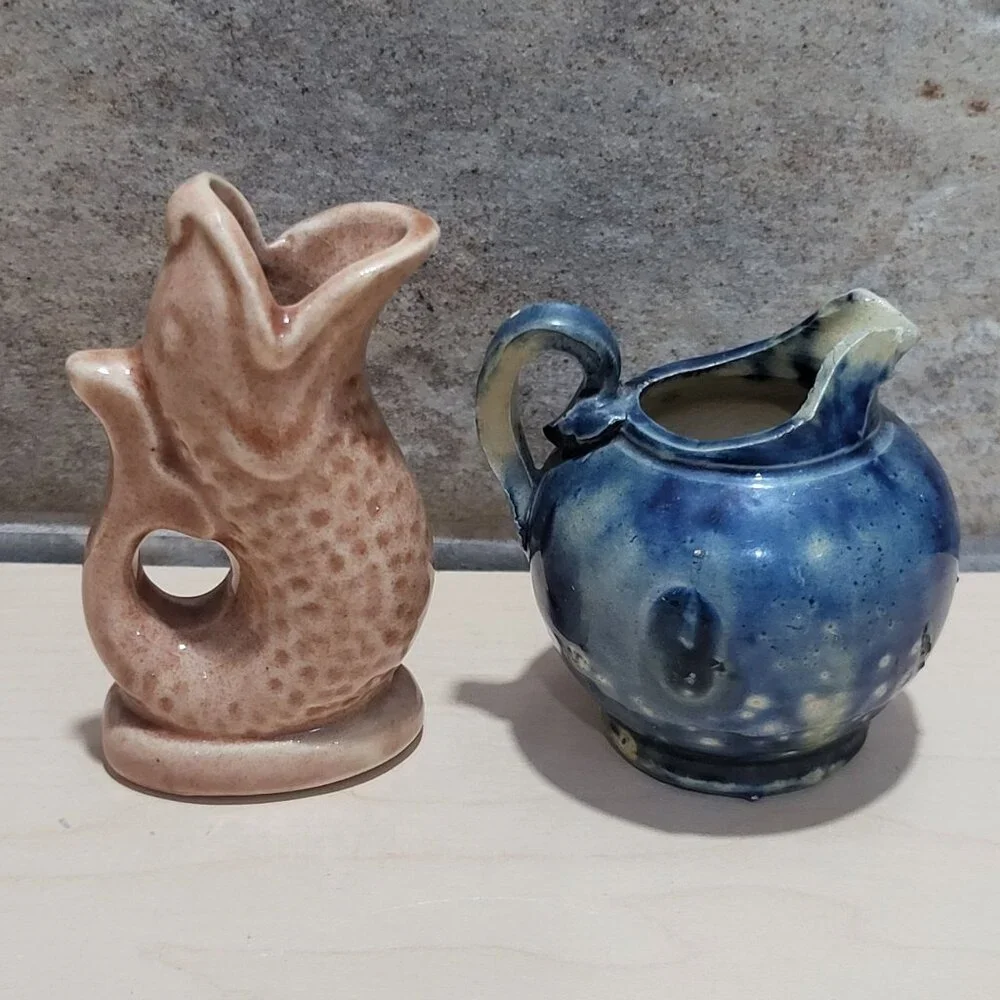 Vintage Miniature Fish Shaped Blue Round Ceramic Pitcher Jugs Set of 2